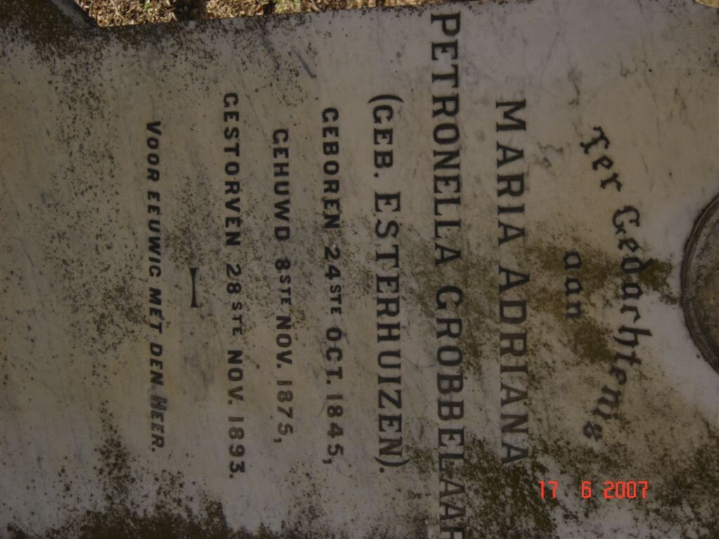 GROBBELAAR Maria Adriana Petronella nee ESTERHUIZEN 1845-1893