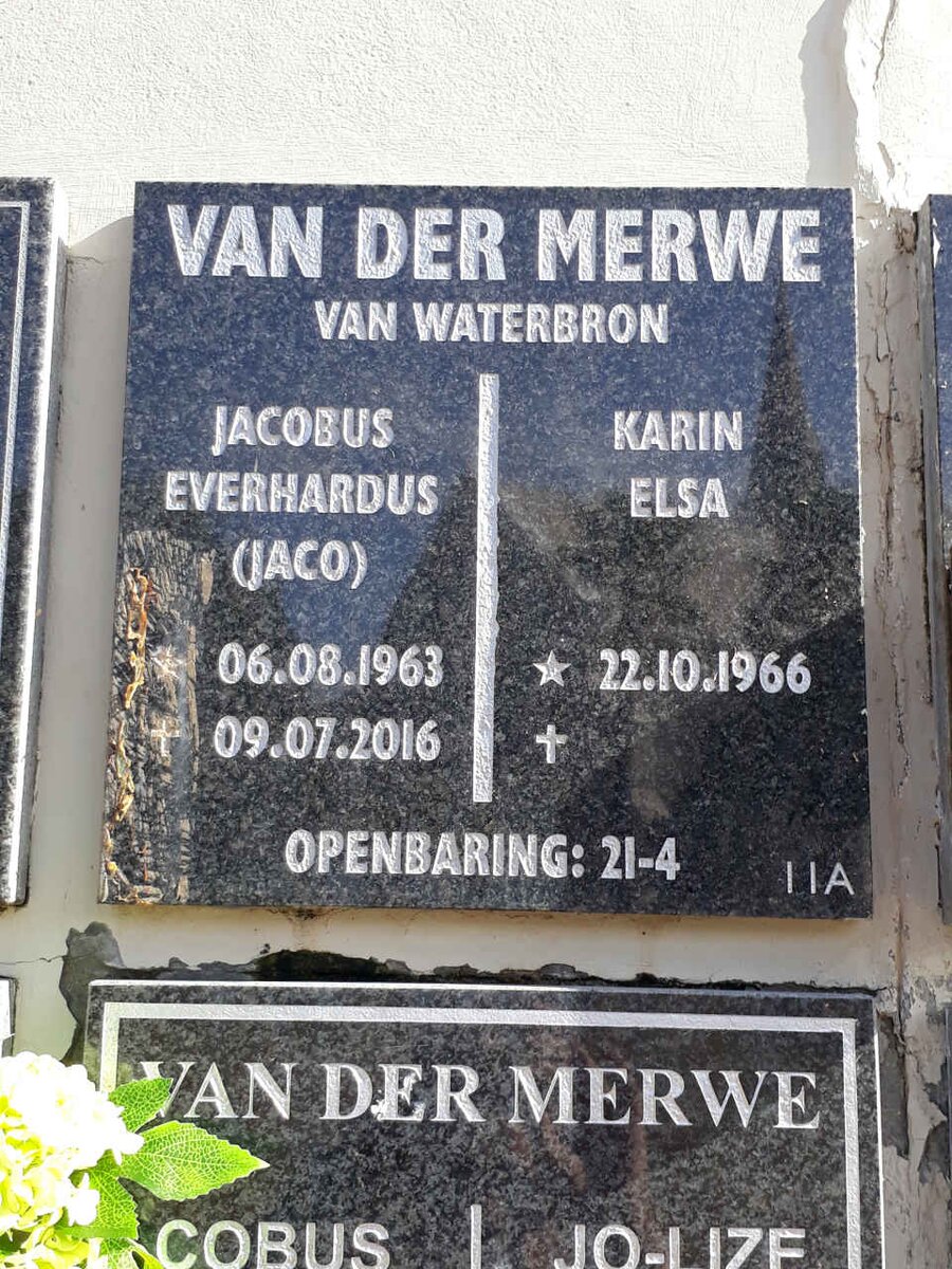 MERWE Jacobus Everhardus, van der 1963-2016 &amp; Karin Elsa 1966-