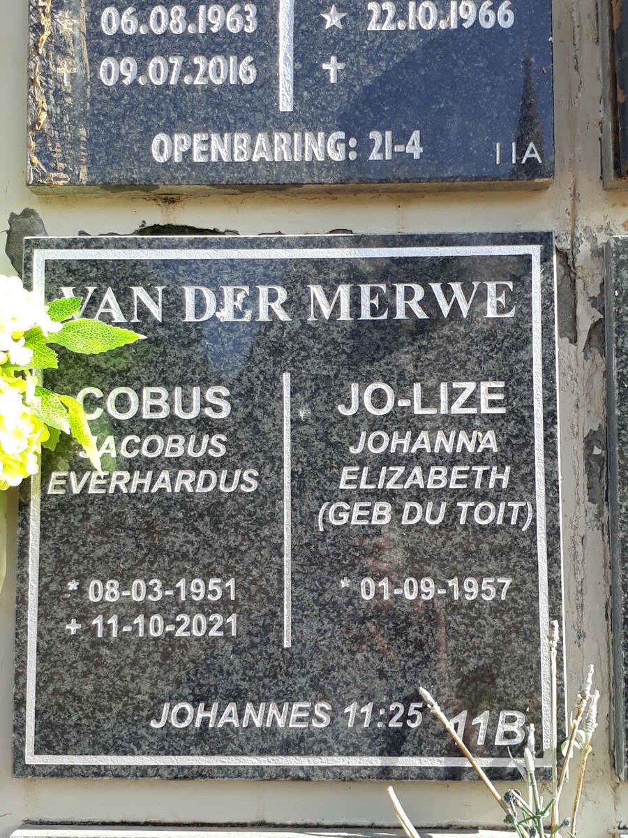 MERWE Jacobus Everhardus, van der 1951-2021 &amp; Johanna Elizabeth DU TOIT 1957-