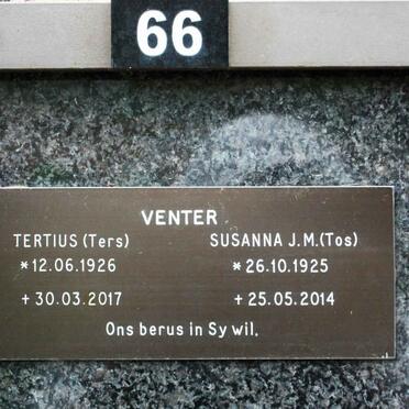 VENTER Tertius 1926-2017 &amp; Susanna J.M. 1925-2014