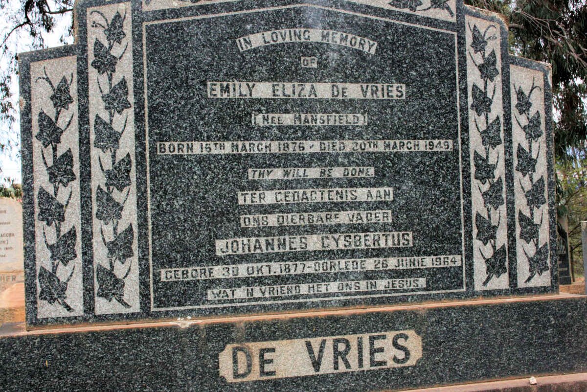 VRIES Johannes Gysbertus, de 1877-1964 &amp; Emily Eliza MANSFIELD 1876-1949