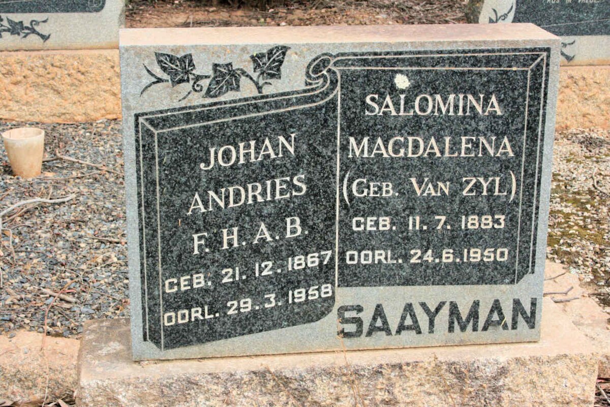 SAAYMAN Johan Andries 1867-1958 &amp; Salomina Magdalena VAN ZYL 1883-1950