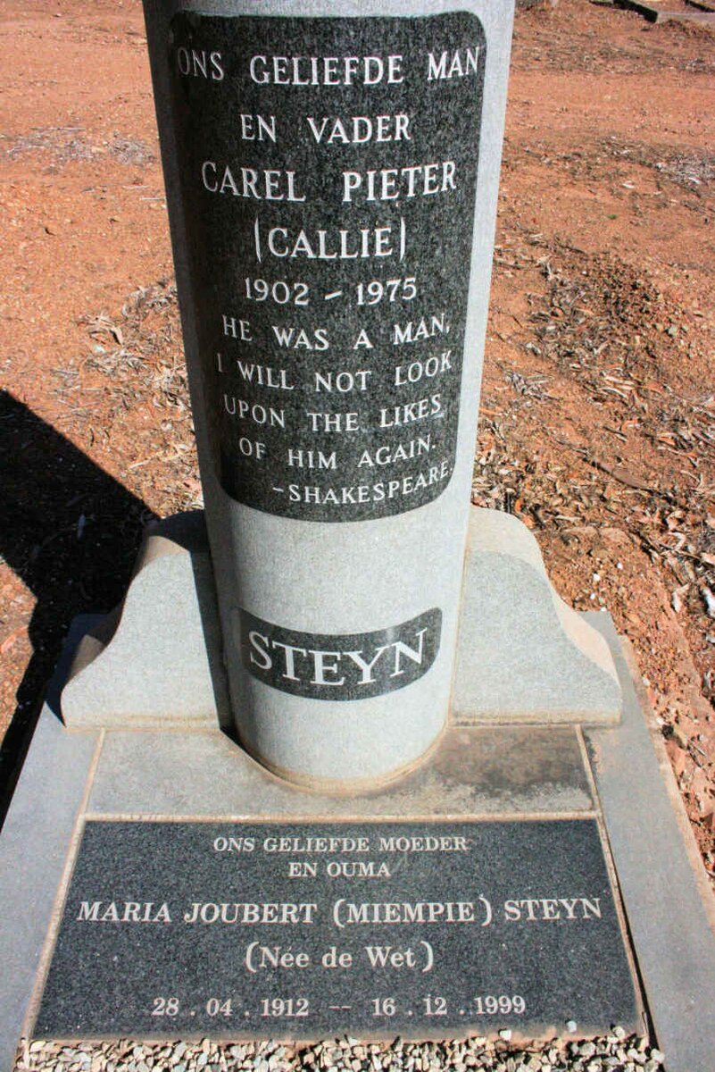 STEYN Carel Pieter 1902-1975 &amp; Maria Joubert DE WET 1912-1999