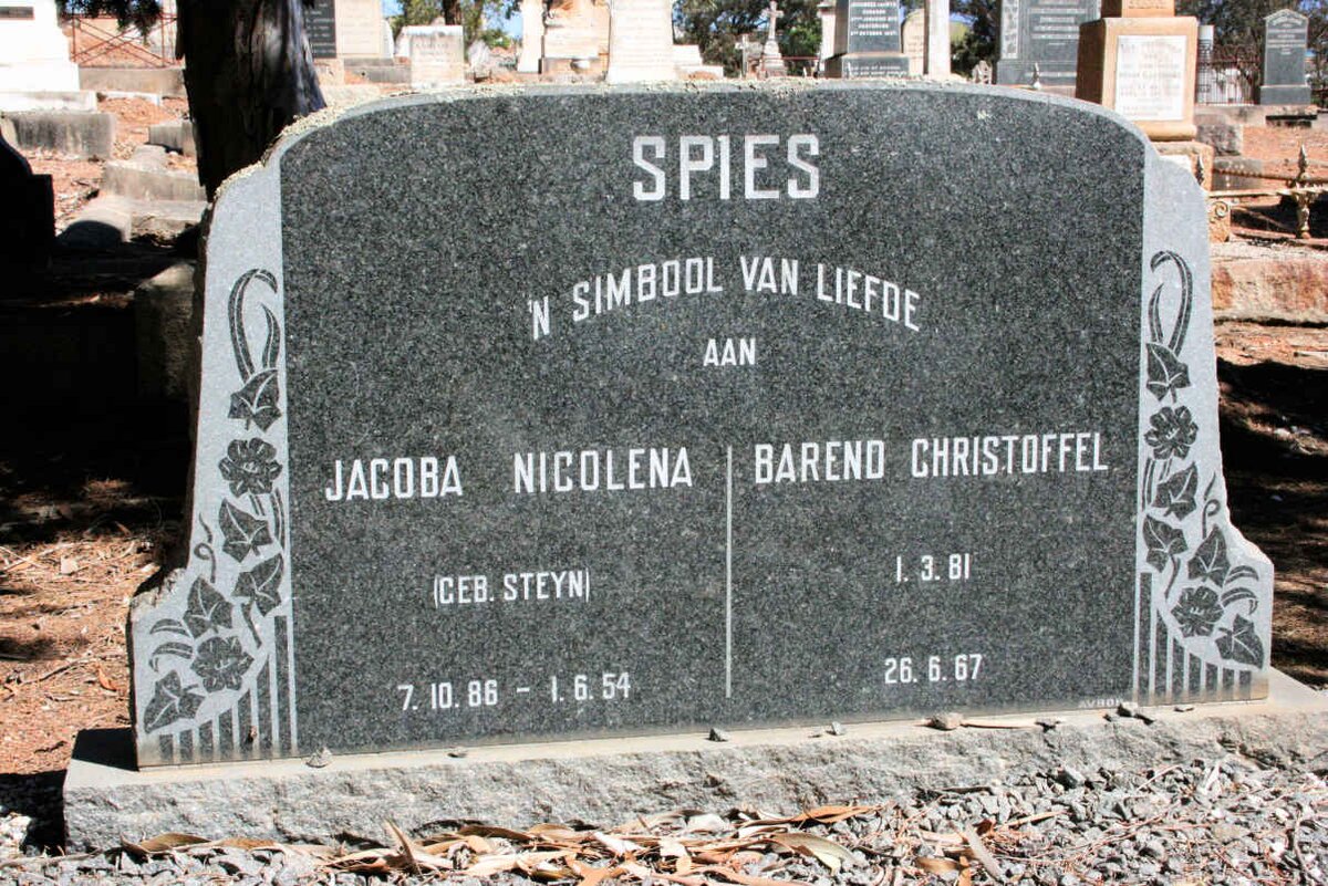 SPIES Barend Christoffel 1881-1967 &amp; Jacoba Nicolena STEYN 1886-1954