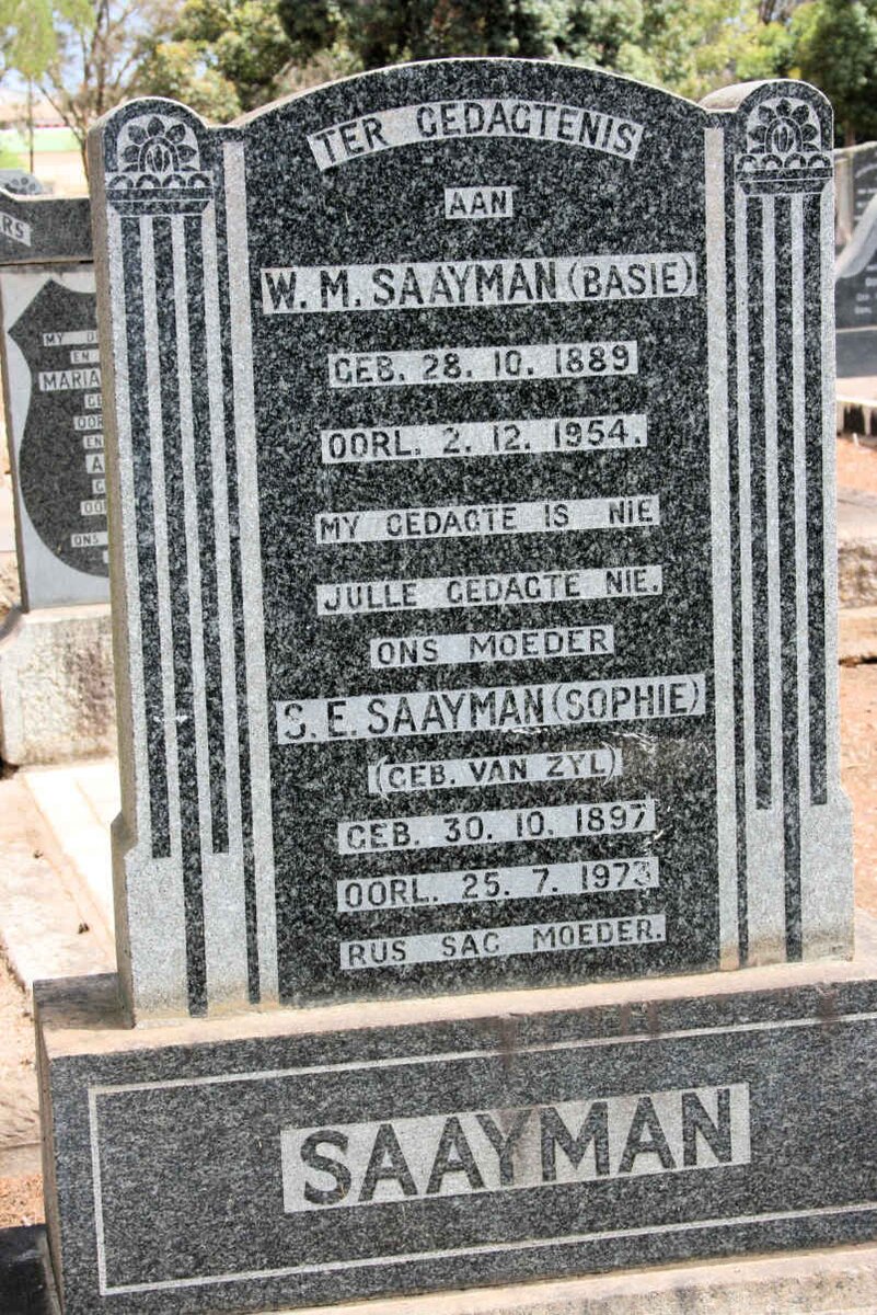 SAAYMAN W.M. 1889-1954 &amp; S.E. VAN ZYL 1897-1973