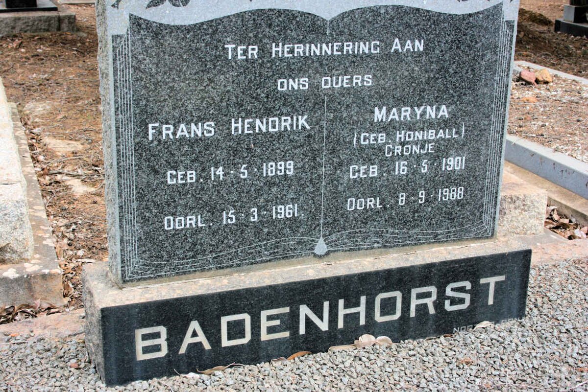 BADENHORST Frans Hendrik 1899-1960 &amp; Maryna HONEYBALL formerly CRONJE 1901-1988