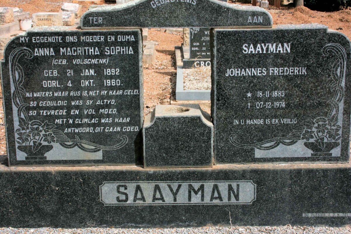 SAAYMAN Johannes Frederik 1883-1974 &amp; Anna Magritha Sophia VOLSCHENK 1892-1960