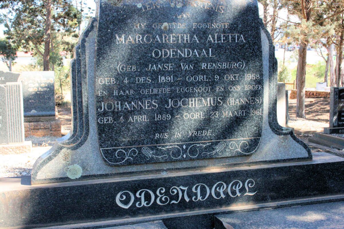ODENDAAL Johannes Jochemus 1889-1961 &amp; Margaretha Aletta JANSE VAN RENSBURG 1891-1958