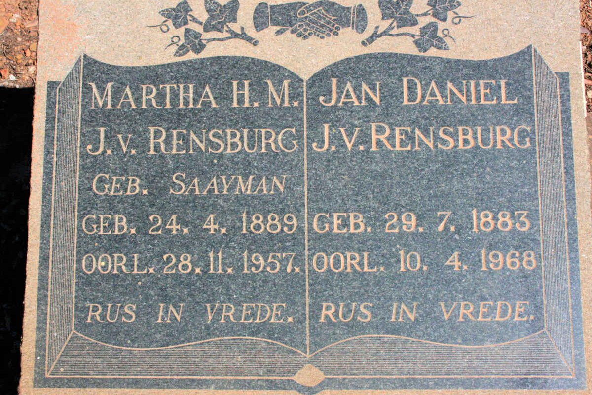 RENSBURG Jan Daniel, Janse van 1883-1968 &amp; Martha H.M. SAAYMAN 1889-1957