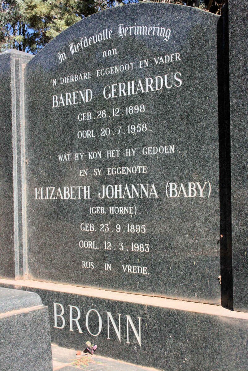 BRÖNN Barend Gerhardus 1898-1958 &amp; Elizabeth Johanna HORNE 1895-1983