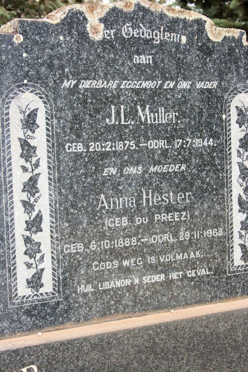 MULLER J. L. 1875-1944 &amp; Anna Hester DU PREEZ 1888-1968