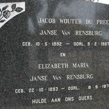 RENSBURG Jacob Wouter Du Preez, Janse van 1892-1967 &amp;  Elizabeth Maria 1893-1976
