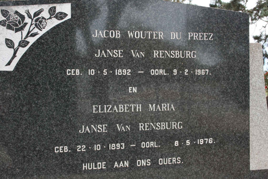 RENSBURG Jacob Wouter Du Preez, Janse van 1892-1967 &amp;  Elizabeth Maria 1893-1976