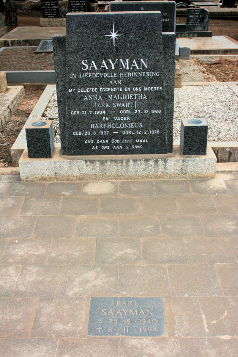 SAAYMAN Bartholomeus 1907-1978 &amp; Anna Magrietha SWART 1904-1968 :: SAAYMAN Bart 1940-1994