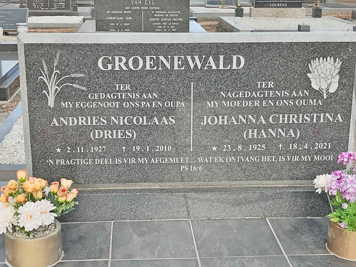 GROENEWALD Andries Nicolaas 1927-2010 &amp; Johanna Christina 1925-2021