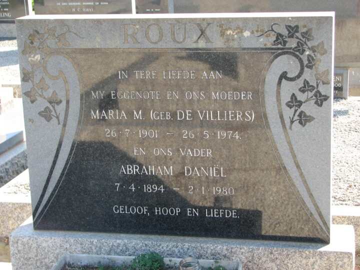 ROUX Abraham Daniel 1894-1980 &amp; Maria M. De VILLIERS 1901-1974