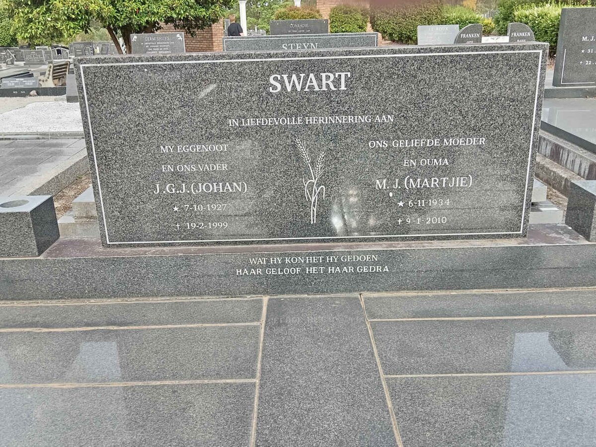 SWART J.G.J. 1927-1999 &amp; M.J. 1934-2010