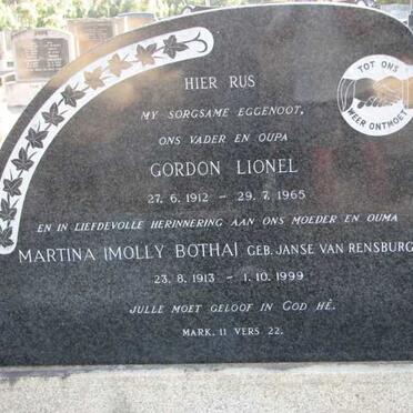 WHATLEY Gordon Lionel 1912-1965 &amp; Martina BOTHA nee JANSE VAN RENSBURG 1913-1999