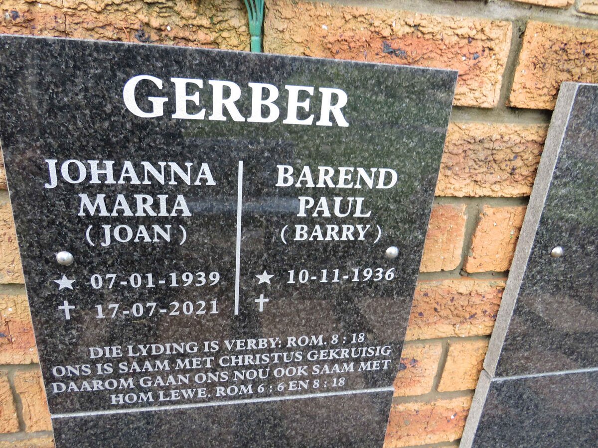 GERBER Barend Paul 1936- &amp; Johanna Maria 1939-2021