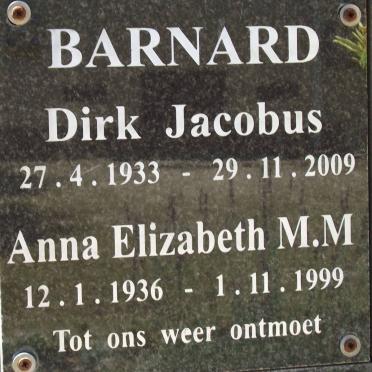 BARNARD Dirk Jacobus 1933-2009 &amp; Anna Elizabeth M.M.1936-1999