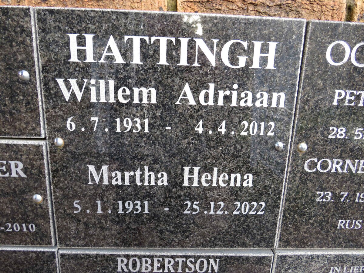 HATTINGH Willem Adriaan 1931-2012 &amp; Martha Helena 1931-2022