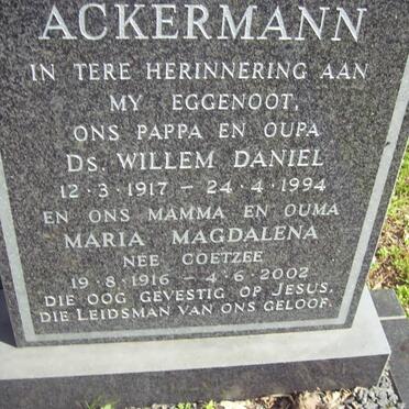 ACKERMANN Willem Daniel 1917-1994 &amp; Maria Magdalena COETZEE 1916-2002