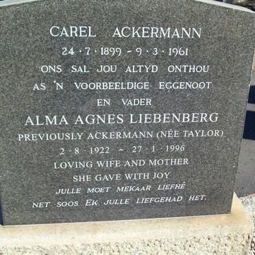 ACKERMANN Carel 1899-1961 :: LEIBENBERG Alma Agnes previously ACKERMANN nee TAYLOR 1922-1996