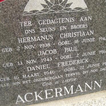 ACKERMAN Hermanus Christiaan 1938-1942 :: ACKERMAN Jacob Paul 1943-1962 :: ACKERMAN Daniel Frederick 1946-1963