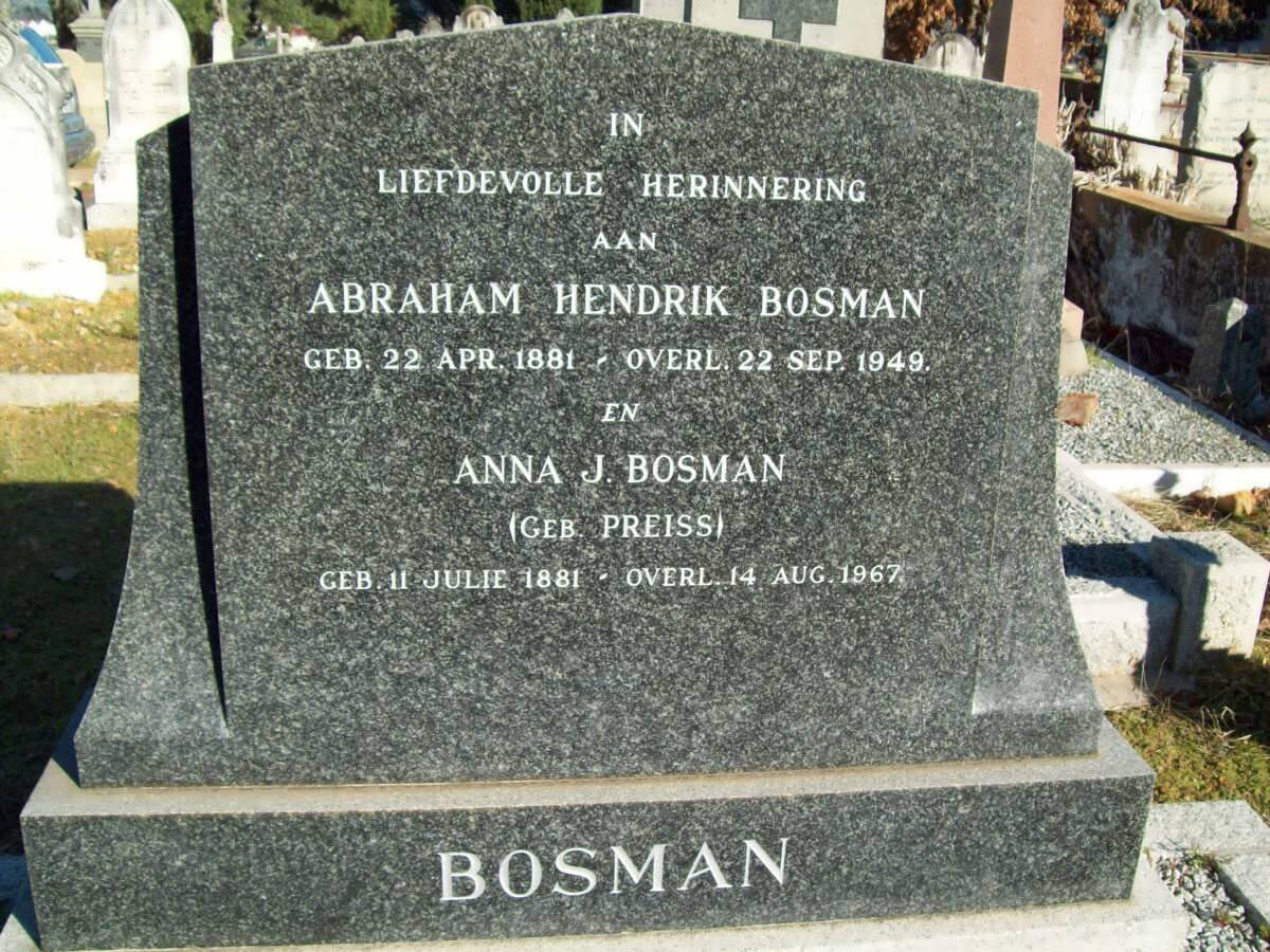 BOSMAN Abraham Hendrik 1881-1949 &amp; Anna J. PREISS 1881-1967