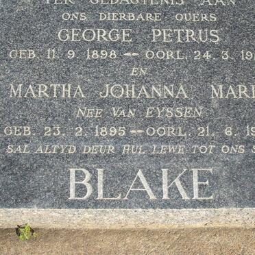 BLAKE George Petrus 1898-1955 &amp; Martha Johanna Maria VAN EYSSSEN 1895-1963