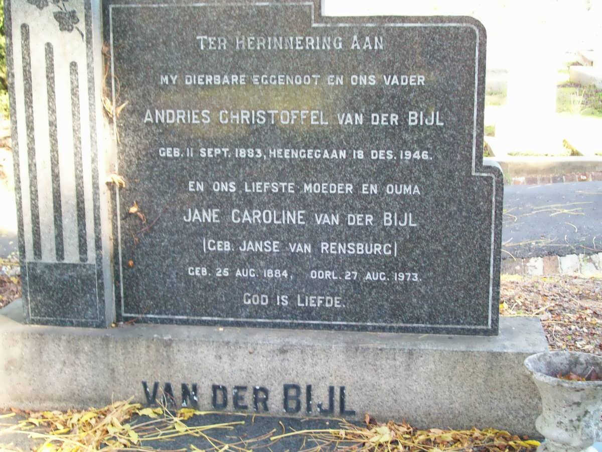 BILJ Andries Christoffel, van der -1946 &amp; Jane Caroline JANSE VAN RENSBURG 1884-1973