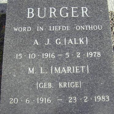 BURGER A.J.G. 1916-1978 &amp; M.L. KRIGE 1916-1983