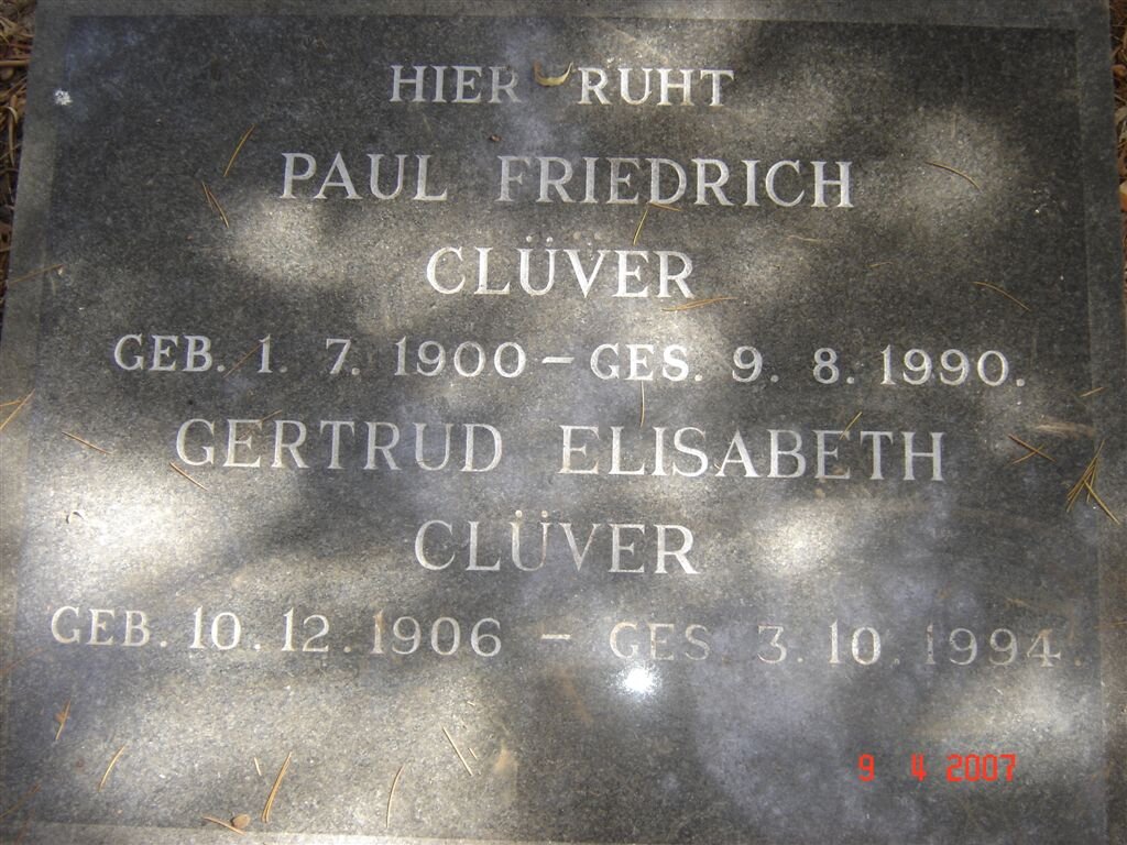 CLUVER Paul Friedrich 1900-1990 &amp; Gertrud Elisabeth 1906-1994