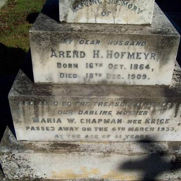 HOFMEYR Arend H. 1864-1909 &amp; Maria W. CHAPMAN nee KRIGE -1933
