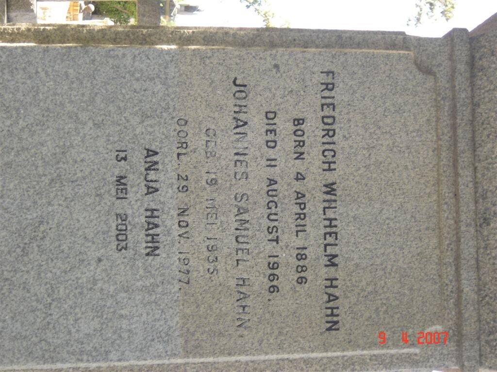 HAHN Friedrich Wilhelm 1886-1966 :: HAHN Johannes Samuel 1935-1977 :: HAHN Anja -2003