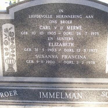 IMMELMAN Carl v.d. Merwe 1905-1975 :: IMMELMAN Elizabeth 1903-1977 :: IMMELMAN Susanna Francina 1900-1978