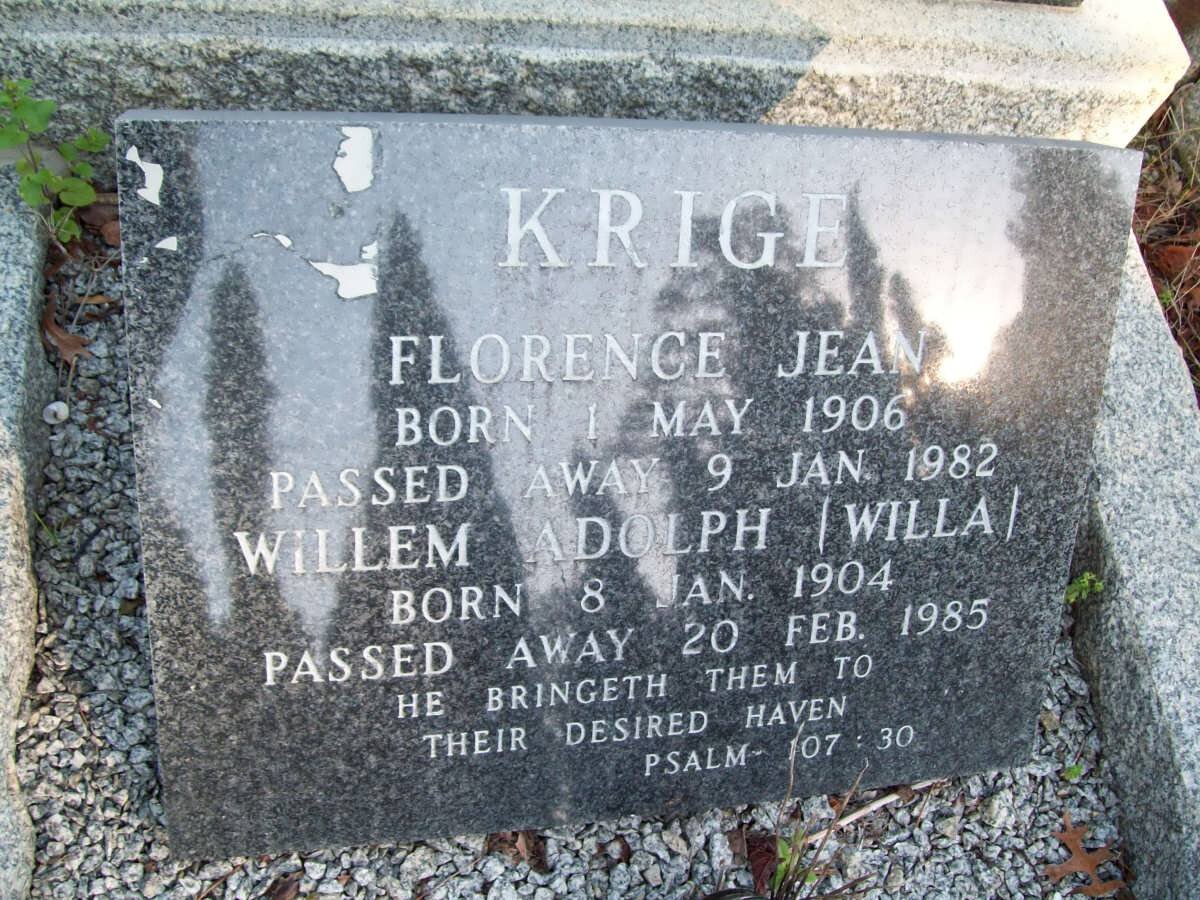 KRIGE Willem Adolph 1904-1985 &amp; Florence Jean 1906-1982