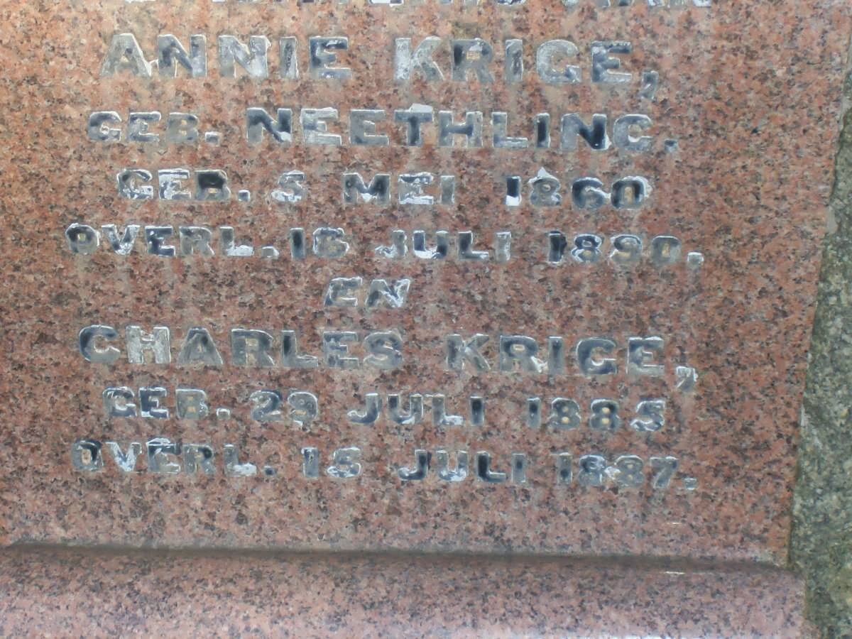 KRIGE Annie nee NEETHLING 1860-1890 :: KRIGE Charles 1885-1887