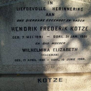 KOTZE Hendrik Frederik 1881-1951 &amp; Wilhelmina Elizabeth HICKMAN 1881-1960