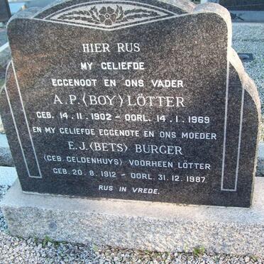 LOTTER A.P. 1902-1969 &amp; E.J. BURGER previously LOTTER nee GELDENHUYS 1912-1987