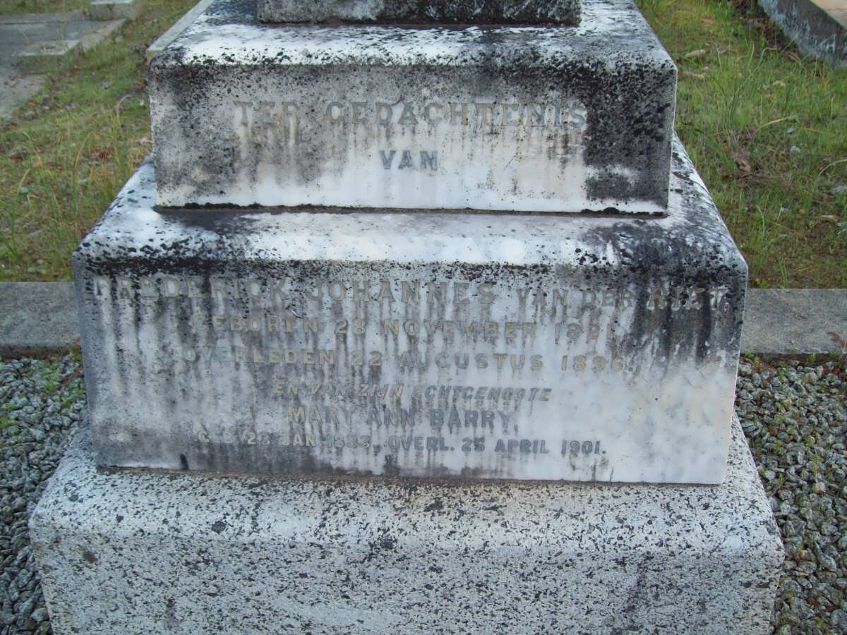 RIET Frederick Johannes, van der 1881-1896 &amp; Mary Ann BARRY 1833-1901