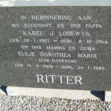 RITTER Karel J. Lodewyk 1907-1964 &amp; Elsje Dorothea Maria HANEKOM 1908-1989