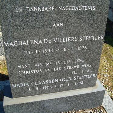 STEYTLER Magdalena de Villiers 1893-1976 :: CLAASSEN Maria nee STEYLER 1925-1992
