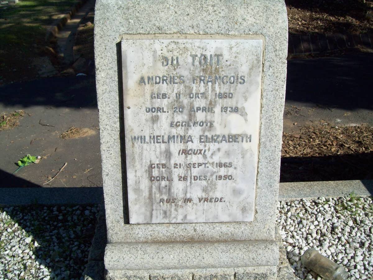 TOIT Andries Francois, du 1860-1938 &amp; Wilhelmina Elizabeth ROUX 1868-1950