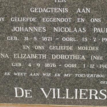VILLIERS Johannes Nicolaas Paul, de 1871-1965 &amp; Anna Elizabeth Dorothea MARAIS 1876-1967