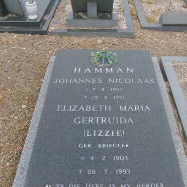 HAMMAN Johannes Nicolaas 1902-1981 &amp; Elizabeth Maria Gertruida KRIEGLER 1903-1993