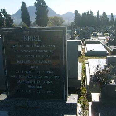 KRIGE Barend Johannes 1923-1989 &amp; Margaretha Anna 1927-1996