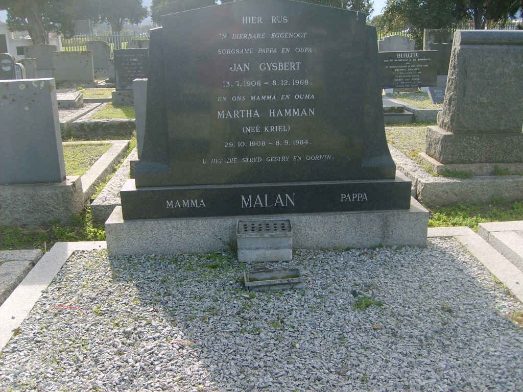MALAN Jan Gysbert 1906-1968 &amp; Martha Hamman KRIEL 1908-1984