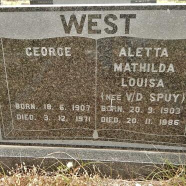 WEST George 1907-1971 &amp; Aletta Mathilda Louisa VAN DER SPUY 1903-1986