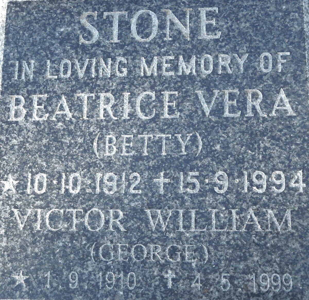 STONE Victor William 1910-1999 &amp; Beatrice Vera 1912-1994